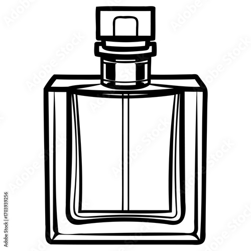 A black and white line art illustration of a square perfume bottle with a rectangular cap