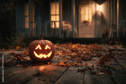 Glowing Jack-o'-Lantern on Porch with Autumn Leaves at Night