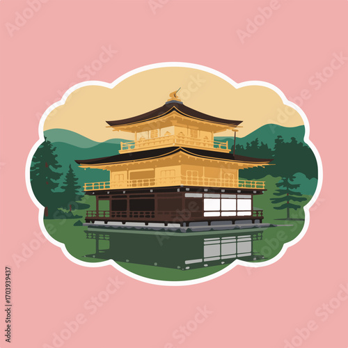 Golden pavilion in kyoto, japan, with its reflection in the water, surrounded by lush greenery and mountains, creating a serene and picturesque scene in a sticker style