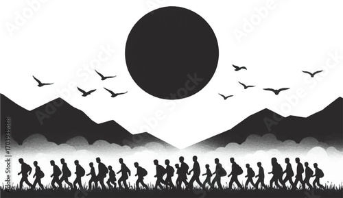 A monochrome landscape illustrates a group of silhouetted figures walking forward in line under a large, dark circle as birds fly above a misty mountain range, suggesting journey and challenge
