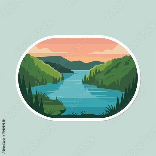 A serene river winds through lush green hills under a pastel sky, creating a peaceful landscape sticker design perfect for nature lovers and outdoor enthusiasts alike