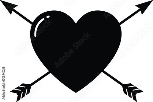 Black heart pierced by multiple arrows vector illustration, symbolizing love, passion, cupid, romance, Valentine’s Day, and emotional connections.
