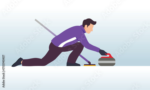 Curling sport. Male athlete sliding stone on ice during curling game, engaging in competitive winter sports