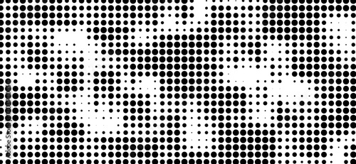 A dynamic white and black background features a matrix of various sized black circles, arranged in a halftone-like pattern creating a visually intriguing modern texture