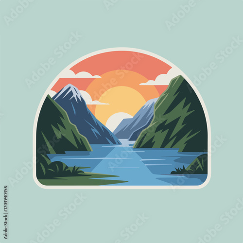 A majestic mountain range frames a tranquil lake at sunset, creating a stunning landscape sticker design ideal for nature lovers and adventure seekers
