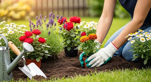 Woman Gardening with Flowers and Plants.