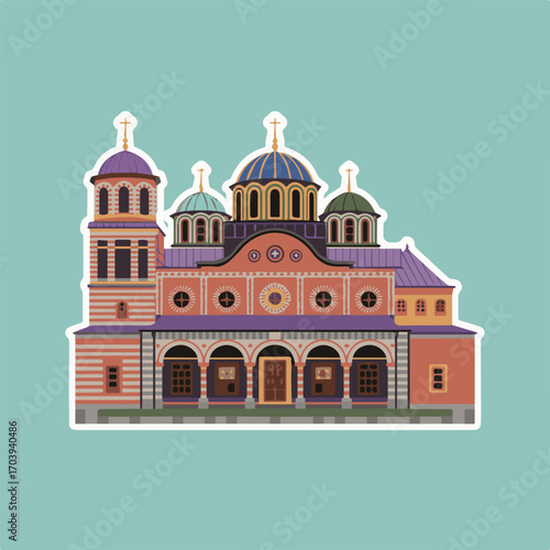Illustration of an orthodox church with colorful domes, a bell tower, and intricate architectural details, showcasing religious architecture and cultural heritage