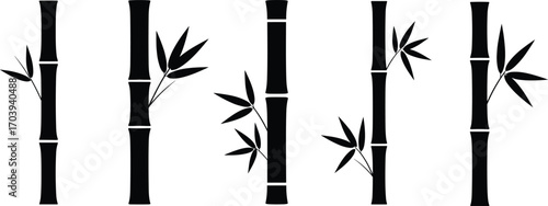 Black bamboo stalks with leaves silhouette vector illustration for nature design, Asian style, eco-friendly theme, minimalist plant and forest background.