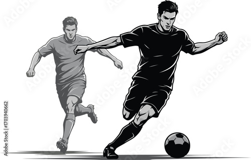 Intense soccer players in action dribbling the ball during a competitive match to score a winning goal