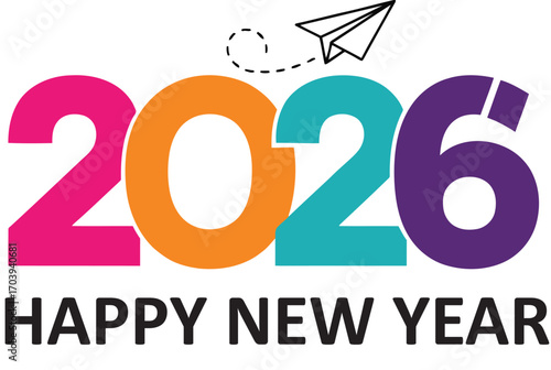 Cheerful 2026 happy new year celebration with festive colors and a paper airplane launch icon