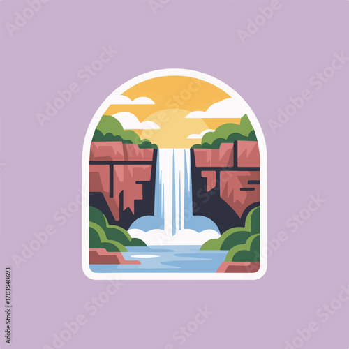 A picturesque waterfall cascades down rocky cliffs, surrounded by lush greenery and a serene pool, all framed within a charming archway against a soft lavender backdrop