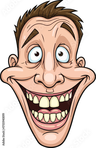 Comical vector illustration of a cartoon man's face with a wide, manic smile and bloodshot eyes, portraying extreme excitement or insanity