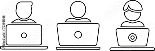 laptops line icons Set. laptops outline icons Set of three people.