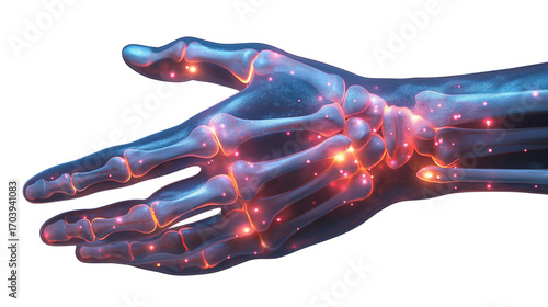Digital human hand x-ray glowing bones isolated on white