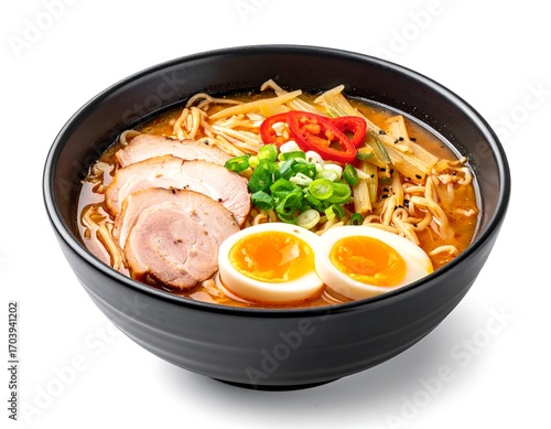 Asian ramen noodles soup with egg, pork and bamboo shoots in bowl is isolated on white background, Japanese cuisine