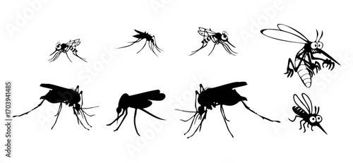 Cartoon mosquito set displays detailed silhouettes, showcasing slender legs and distinctive wings against a clean white background, revealing various poses and perspectives of these insects