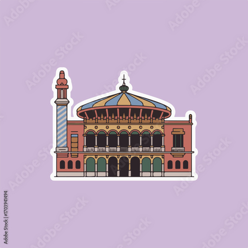 Illustration sticker of the plaza de toros de la maestranza in seville, spain, showcasing its baroque architecture, vibrant colors, and cultural significance against a light purple background