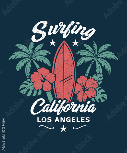 Surfboard and palm trees sign for surfer artwork. T-shirt print. California beach, endless summer, surfing typography. Sea adventure, California los angeles sign with hibiscus and others. 