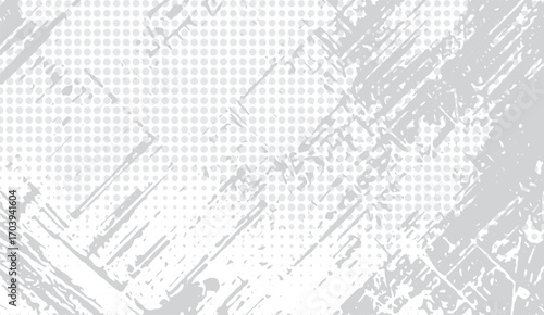 Distressed gray and white vector texture design showcases a dynamic blend of scattered dots and irregular, textured brushstrokes, creating a weathered aesthetic ideal for backgrounds