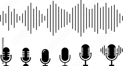 Podcast sound waves collection. Voice message for social media app. Equalizer template, voice microphone signals, sound wave. Music, podcast, broadcast, UI, audio branding design. Isolated vector set