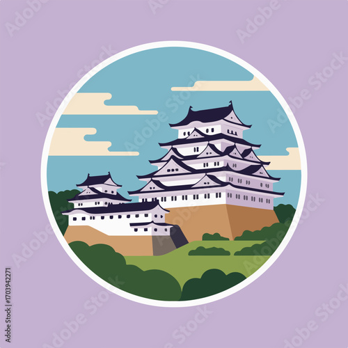 A captivating illustration of himeji castle, showcasing its majestic white facade, intricate architecture, and serene surroundings, inviting viewers to explore the rich history