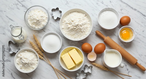 Baking ingredients arranged on marble surface