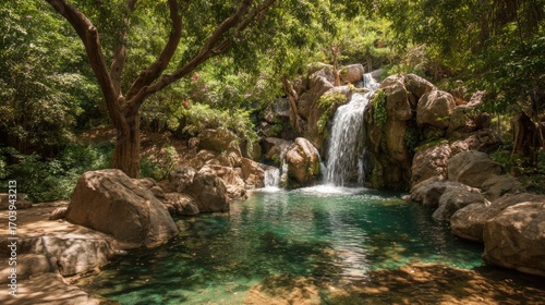 The scene showcases a beautiful waterfall flowing into a calm pool, nestled among large rocks and vibrant greenery, creating a peaceful outdoor escape.