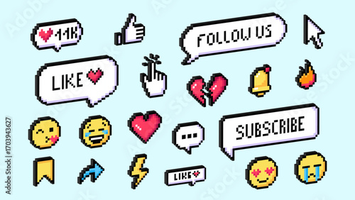 Set of 3d pixel art social media icons. Isometric colorful speech bubbles, likes, emojis, hearts, subscribe button, cursor, fire, various reaction symbols. Isolated vector illustrations, retro style.