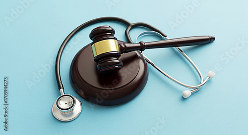 Medical malpractice concept showing a gavel and stethoscope on a light blue background representing legal and healthcare issues