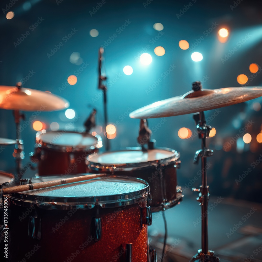 Obraz premium Drum kit on concert stage with lights in background
