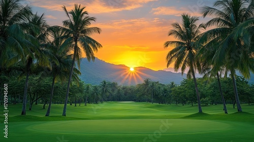 Lush golf course at sunrise, framed by palm trees