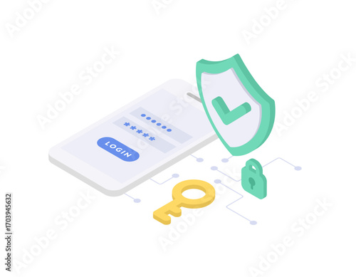 ログインとセキュリティを表すスマホ画面のベクターイラスト（アイソメトリック）