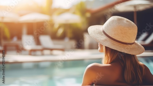 A woman in a straw hat sitting by a poolside with a sun umbrella, enjoying the sun and the view.