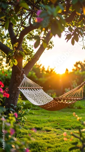 Hammock bathed in golden sunset glow