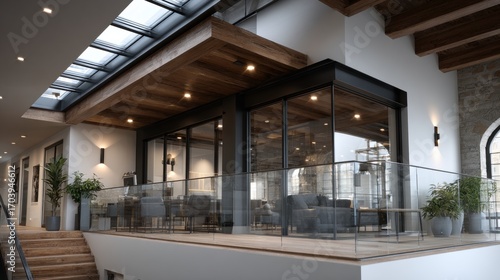 A contemporary office space featuring large glass windows, wooden accents, and a modern design that promotes light and openness.