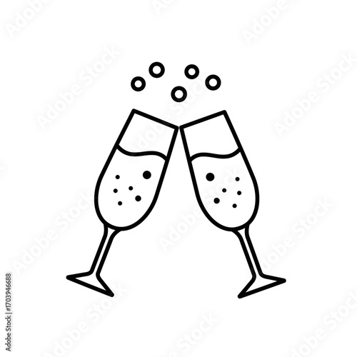 Two champagne flutes toasting each other with bubbles rising, symbolizing celebration and festive cheer on a white surface.