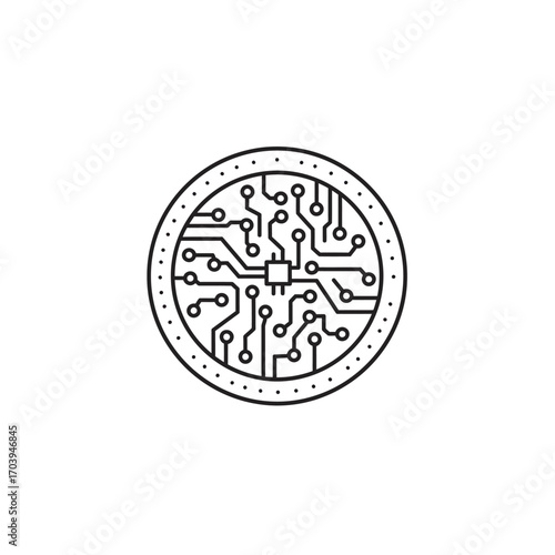 Technology icon of a central processor on a circuit board. A detailed circular line drawing representing digital innovation and data processing