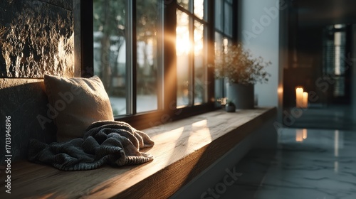 A cozy interior scene featuring a sunlit bench, soft textiles, and decorative elements, creating a tranquil and inviting atmosphere.