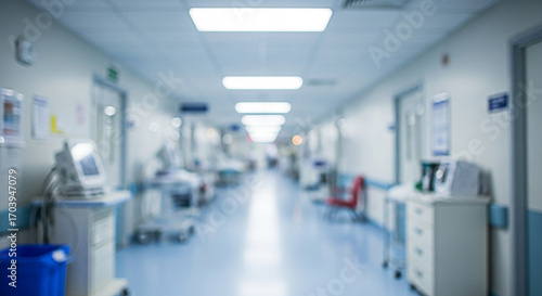 Blurred hospital hallway with medical equipment and beds suggesting a sense of urgency and healthcare environment during a medical crisis