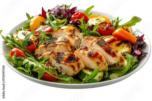 Grilled chicken salad with fresh vegetables, healthy eating, food photography, delicious meal, isolated on transparent background