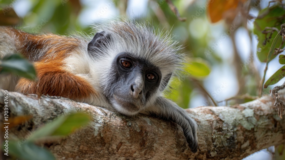 Fototapeta premium A mature monkey lounges lazily on a sturdy tree branch, surrounded by vibrant green leaves. The animal looks relaxed, enjoying the warmth of the sun in its natural habitat.