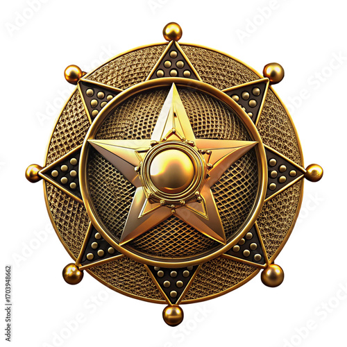 Golden Sheriff Star Badge Detailed Design on Transparent Background Symbolizing Law Enforcement