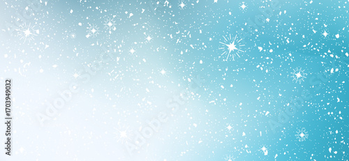 Delicate snowflakes and scattered white specks cascade across a soothing gradient backdrop transitioning from light blue to a deeper turquoise, creating a serene wintery ambiance