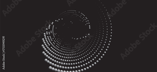 Swirling silver spheres arrayed in a mesmerizing spiral create a dynamic, three-dimensional effect against a sleek black backdrop, evoking depth and artistic elegance