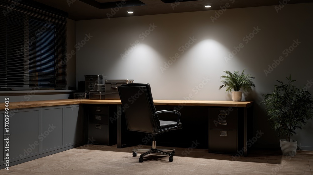 Fototapeta premium Minimalist Corner Workspace Under Spotlight with Office Gear and Plants in Modern Design