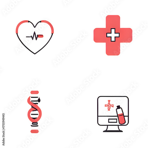 Collection of medical icons representing health, care, genetics, and technology