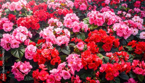 Vibrant bed of pink and red begonias