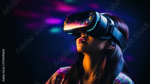 A young woman wearing a VR headset, looking up with a focused expression, against a dark background with colorful lights.