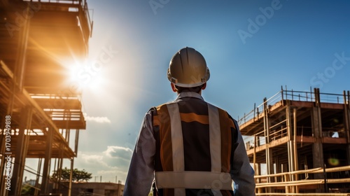 A construction worker wearing a hard hat and safety vest, standing in front of a construction site with a clear blue sky in the background.