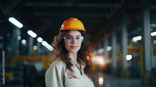 A young woman in a hard hat and safety glasses stands in a large, industrial warehouse, surrounded by machinery and equipment.
